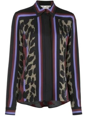Diane Von Furstenberg Black, Olive & Purple Striped Animal-Print Button Down